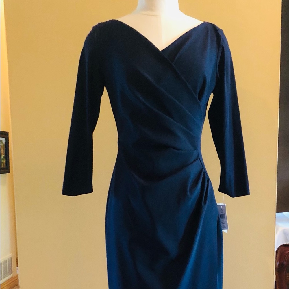 Navy (mother of the bride) purchased at Neiman Marcus (knee length) 5’7”
